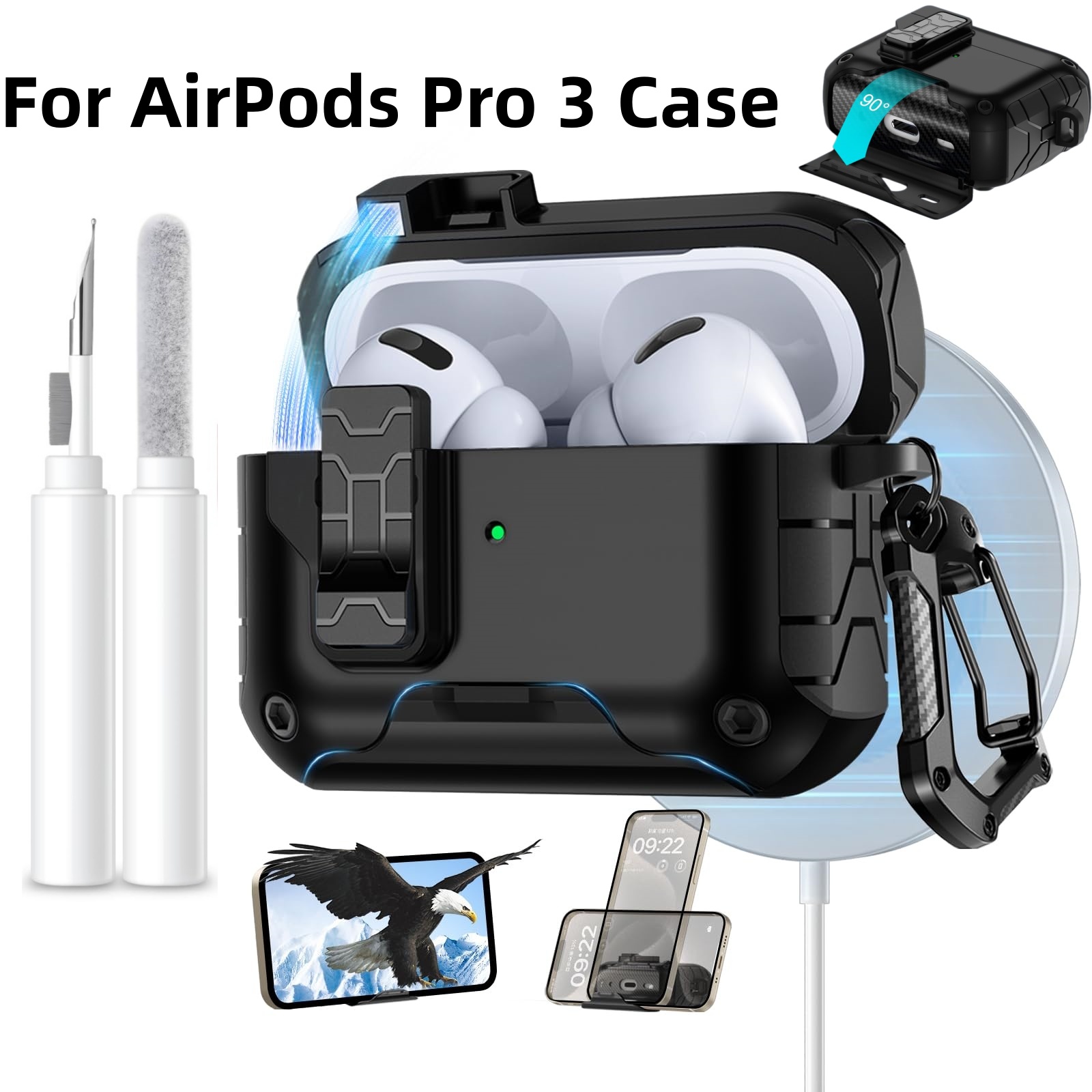 Pop Display Shelf - AirPods Pro 3用イヤホンケース、安全ロックと携帯スタンド付き、自動ポップアップ保護カバー、クリーニングキット付き