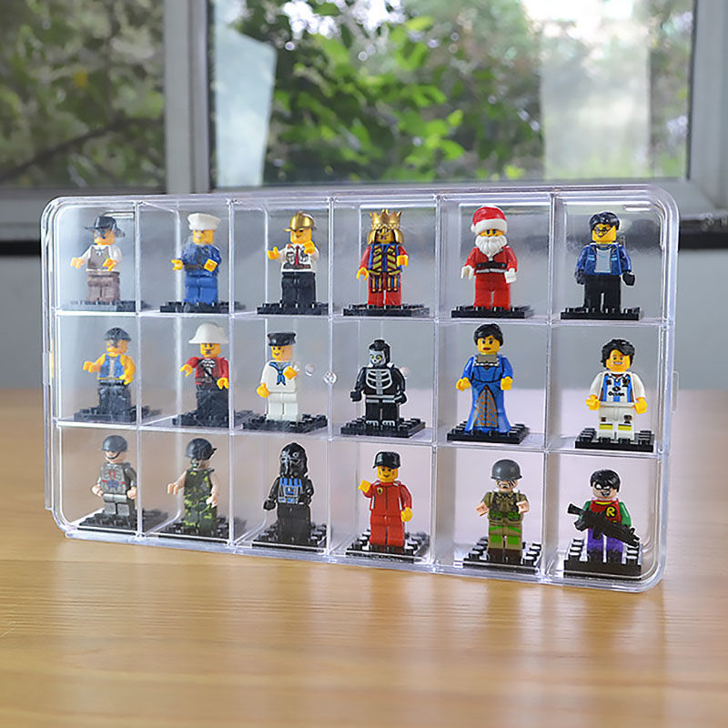 Lego Minifigure Holder - 18 グリッドアクリルディスプレイボックスレゴフィギュア収納用、クリアアクリルディスプレイスタンド置物ブラインドボックス用ハンドディスプレイケース